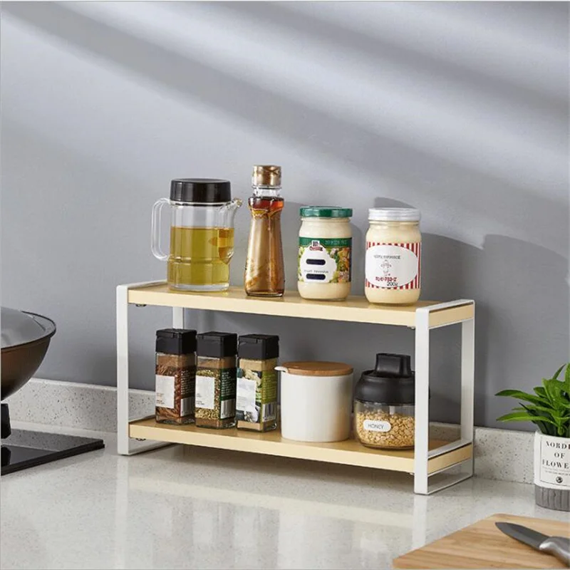 

Стойка для хранения специй, многофункциональная железная деревянная полка, стол, Кухонный Органайзер