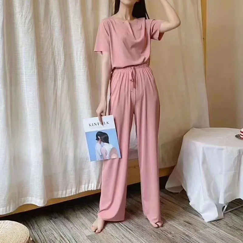 

Ice silk pajamas women's soft loose casual thin short-sleeved T-shirt women's wide-leg pants home service two-piece suit