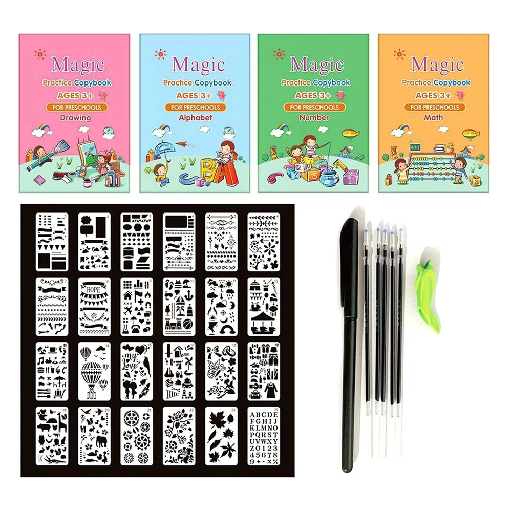 

4 Books Magic Practice Copybook English Handwriting Copybook Set Reusable Children Grooves Calligraphy Copybook Preschool