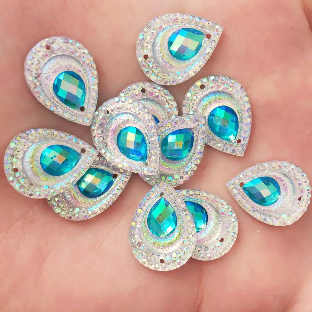 

New 200pcs AB Resin 13*18mm Peacock Eye Teardrop Flatback Rhinestone Scrapbook DIY 2 Hole Buttons Ornaments PF110*10
