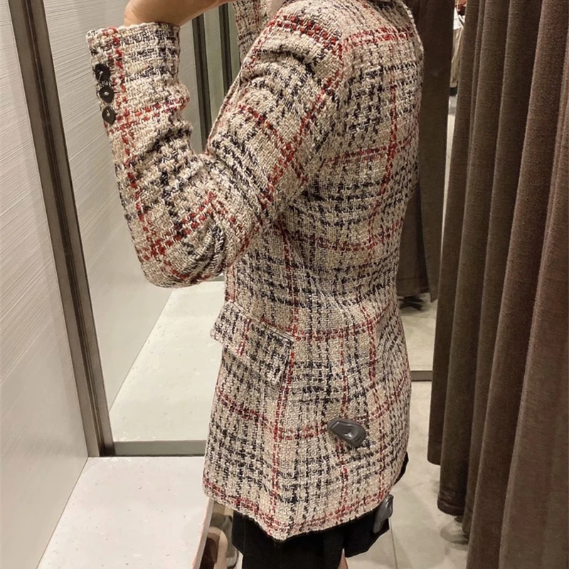 

YOSICIL Vintage Double Breasted Tweed Blazer Women Long Sleeve Office Ladies Coats 2021 Notched Collar Jacket Fashion Tops