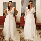 Женское свадебное платье 2 в 1, белое кружевное платье-трапеция с V-образным вырезом, длинным рукавом и шлейфом, аппликация для невесты