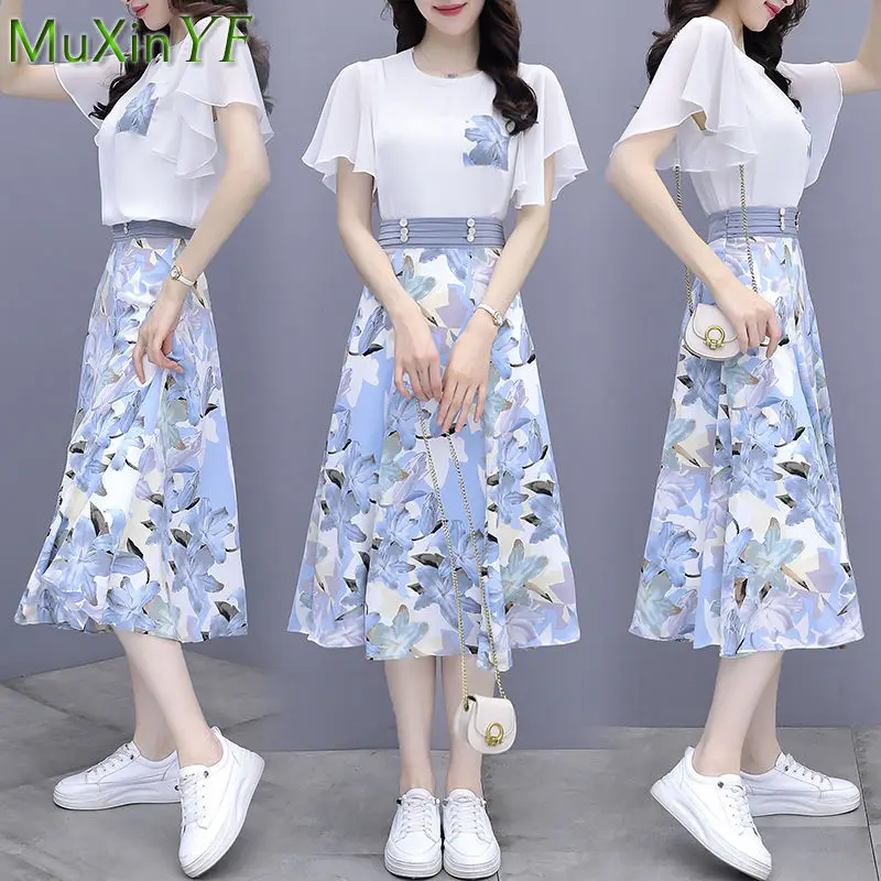 

Summer Chiffon Skirt Suit Women's Casual Light Dress 2021 New Slim T-Shirt Top Print Midi Skirts 2 Piece Set Girl Fashion Clotes