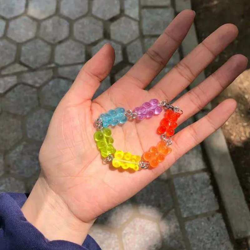 

Cartoon Rainbow Candy Bear Ins Colored Gummy Candy Woman Bear Bounce Di Hip Hop Jelly Color Bracelet Girl Bracelet Gift