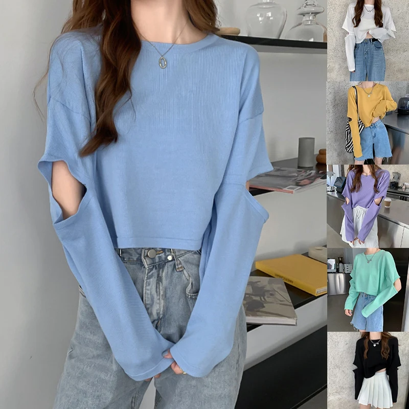 

Knitting Jumper Cropped Shirts Women O Neck Long Sleeve Ladies Short Pullover Women's Hollow Out Tops