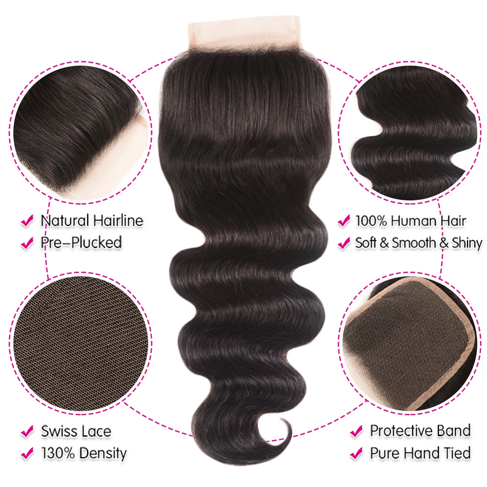 Волосы UNICE бразильские объемные волнистые закрытие швейцарские кружева средняя& свободная& три части remyчеловеческие волосы Кружева Закрытие 1 шт 1"-20"