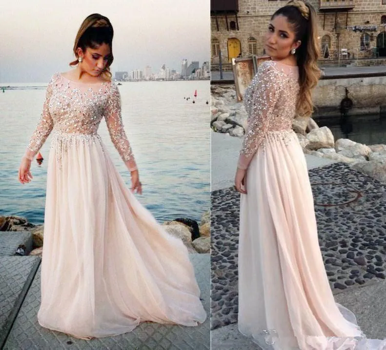 

2019 Luxury Style Long Illusion Sleeve Plus Size Prom Dresses Scoop Neck Hot Crystals Beads Sequins Floor Length Party Gowns