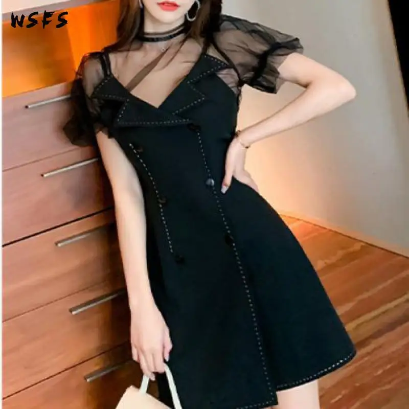 

2 Pieces Set Womens Dress See Through Mesh Tops Blouses Bodycon Black Suit Braces Skirt Elegant Sexy Party Mini Korean Clothes