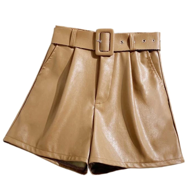

Women Autumn And Winter Fashion Versatile High Waist PU Leather Wide Leg Streetwear Female Ladies Shorts With Belt