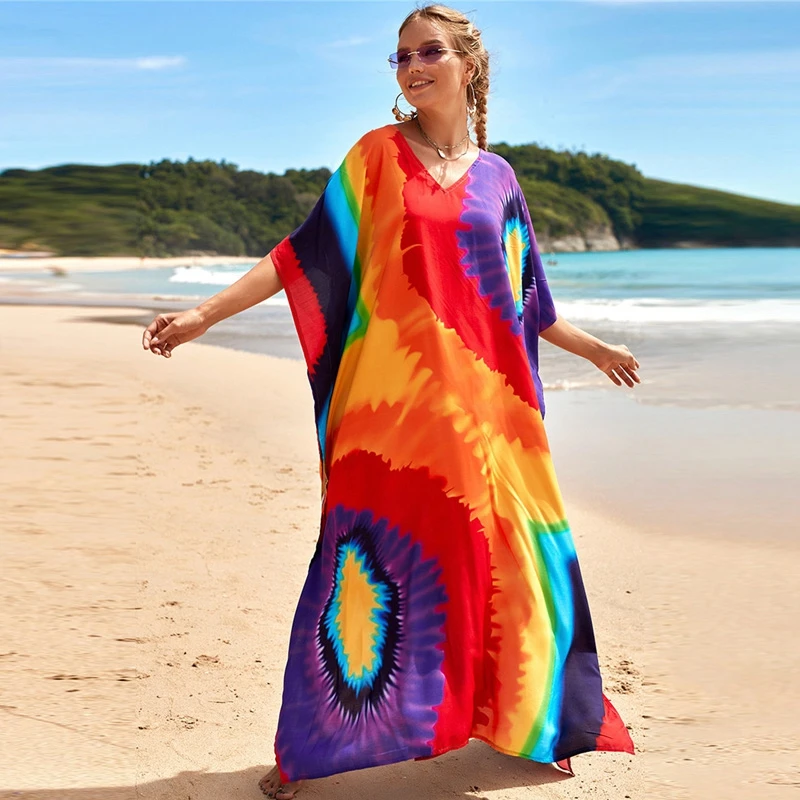 

Thailand Seaside Women Maxi Dress Beach Kaftan Loungewear Rainbow Vivid Vibrant Color Print Tie Dye 2022New Boho Vibe Tunic Gown
