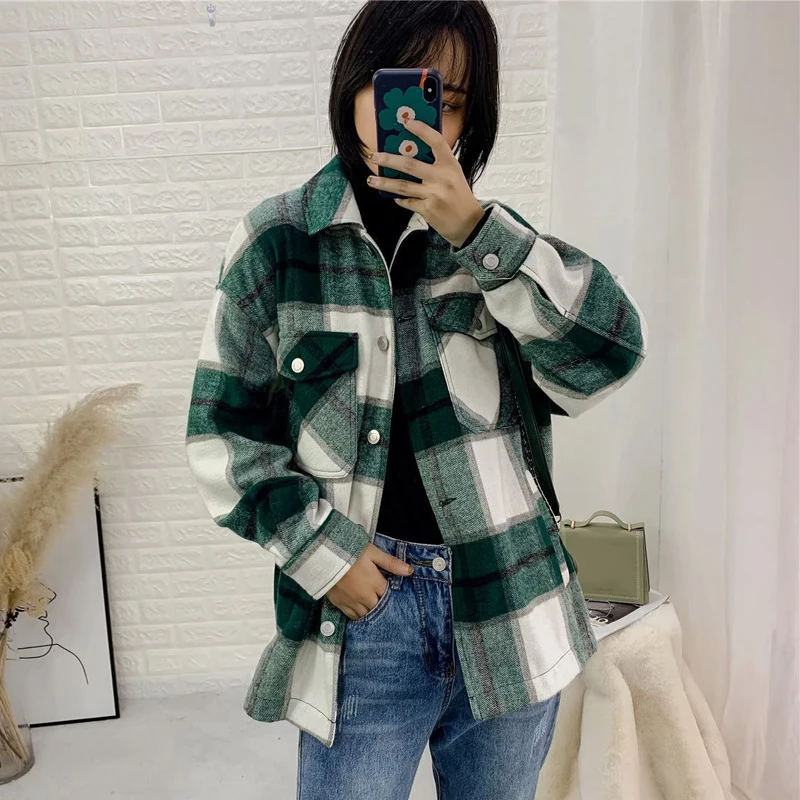 Винтажная Женская свободная клетчатая рубашка 2020 шерстяные пальто с длинным
