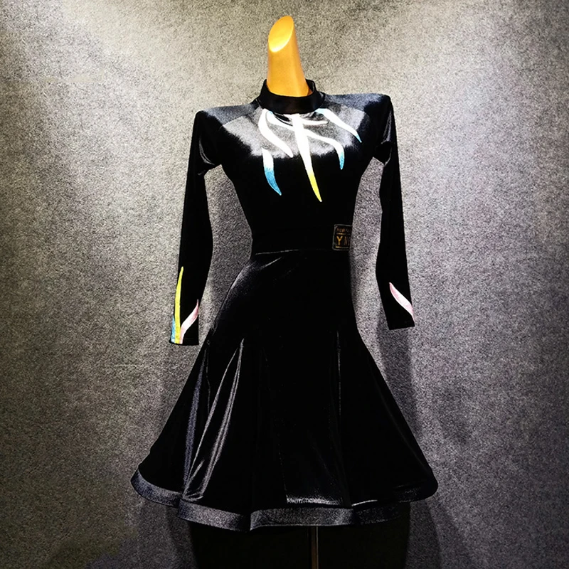 Бархатный латинский черное платье для танцев костюм младенцев фитинг взрослых