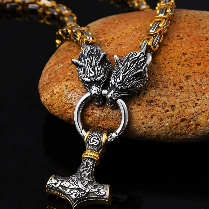 

Hammer Mjolnir Wolf Pendant Necklace Men Jewelry Norse Viking Stainless Steel Chain Necklace