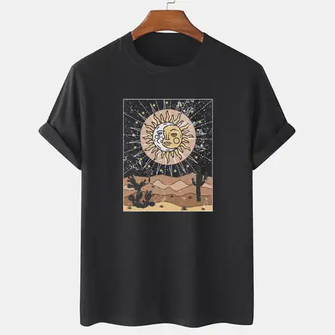Sun Moon Кактус в пустыне в ретростиле с верхом в виде т-образного рубашка в винтажном стиле, в стиле «Бохо Стиль короткий рукав женская футболк...