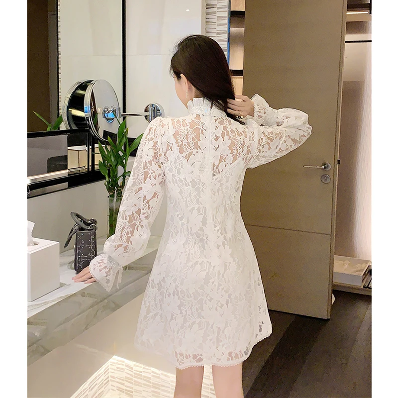 

2021 New Fashion Runway Vintage Party Dress Autumn Women Sequined White Hollow Lace Flower Long Sleeve Dress