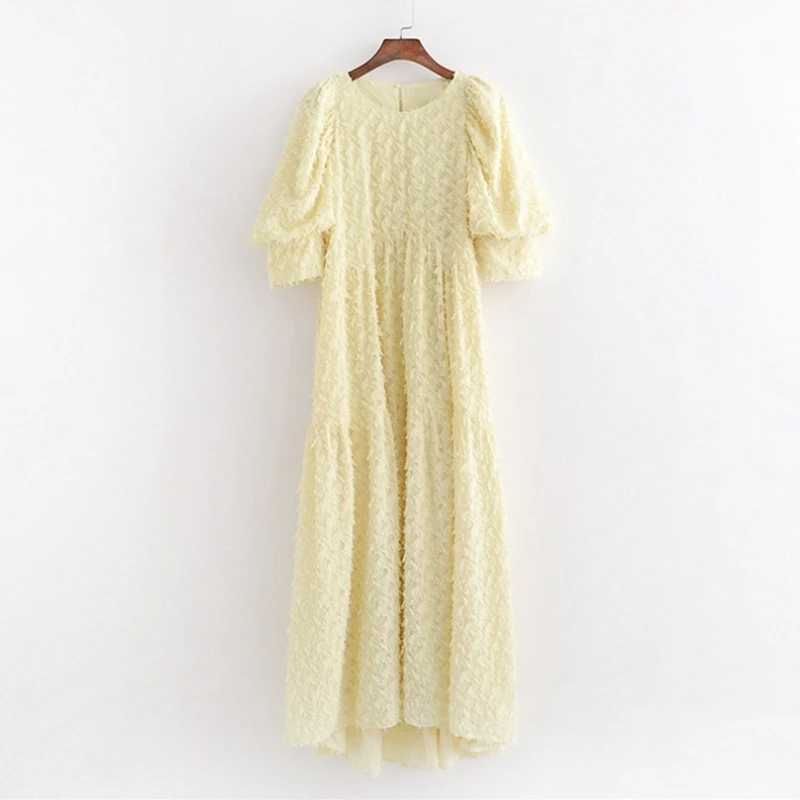 Женское винтажное платье с бахромой однотонное желтое средней длины пышными