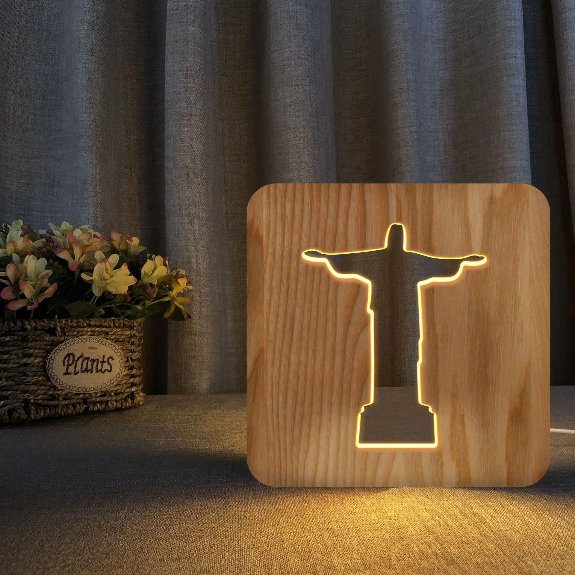 

LED Cross Lamp USB Solid Wood Pine Night Light Jesus Decorated Table Lamps Wooden Carved Electronic Gift Lighting for Home Decor