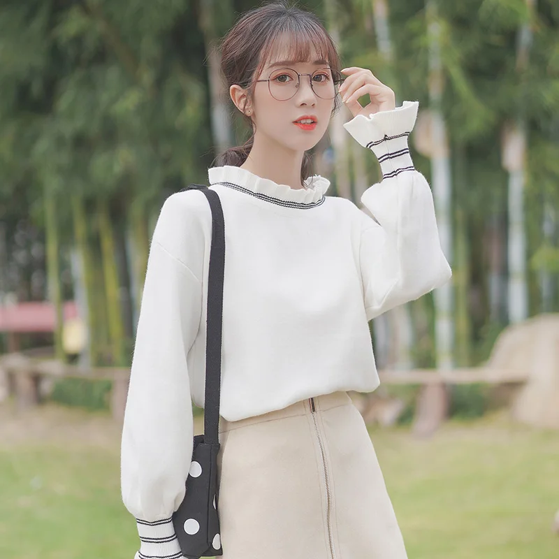 

Шикарная одежда цвета хаки, новинка сезона осень-зима 2019, свитер с рюшами на воротнике, женское студенческое нижнее белье с рукавами-лепестк...