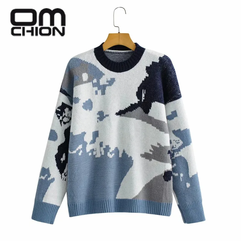 

OMCHION Pull Femme Korean Autumn Loose Pullover 2021 Winter O Neck Mini Fantasy Color Long Sleeve Sweater Women's Knitted Top