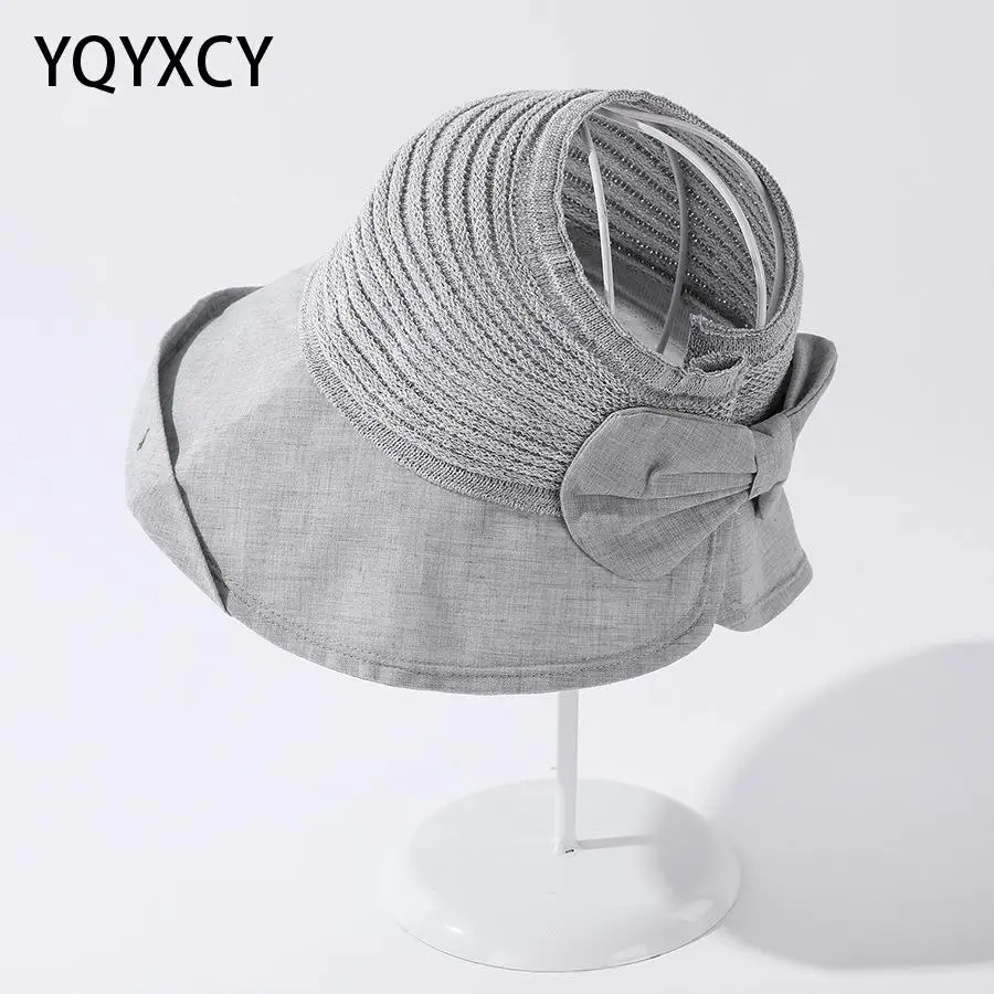 

YQYXCY Summer Hat Women Spring functional Big Brim Sunscreen Empty Top Bow Sunshade Sunhat Visor Korean Good Quality