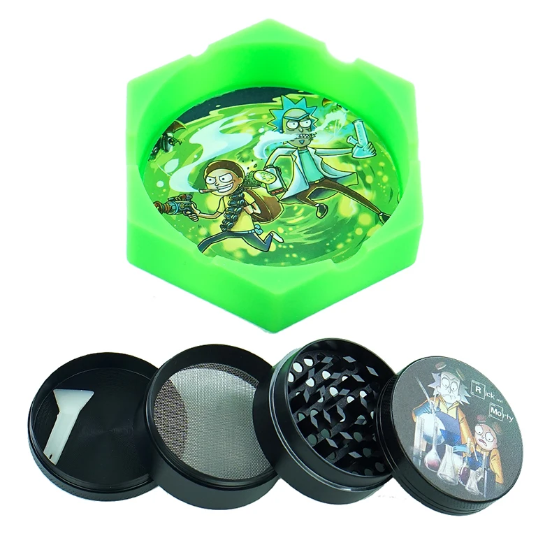 

4-х слойная металлическая мельница для табака + милая пепельница с мультяшным рисунком, силиконовые шестиугольные аксессуары для курения, з...