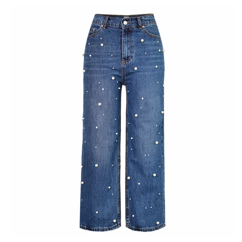 Для женщин Высокая Талия Джинсы 100% натуральный хлопок Винтаж жемчуг свободные
