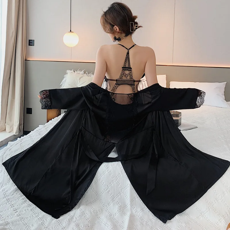 

Two-piece Women's pajamas hollow sexy Lace Tower sling nightdress Ladies ice silk nightgown Bathrobe Suspender Home Service