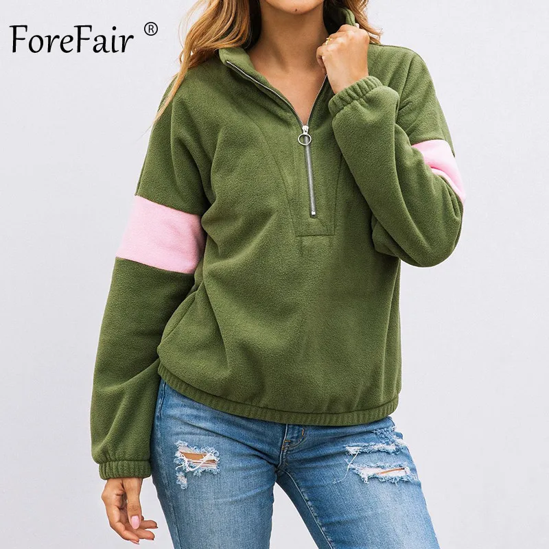 Forefair/флисовая водолазка на молнии; женские осенние Топы с длинными рукавами; Повседневная зимняя толстовка с капюшоном в стиле пэчворк