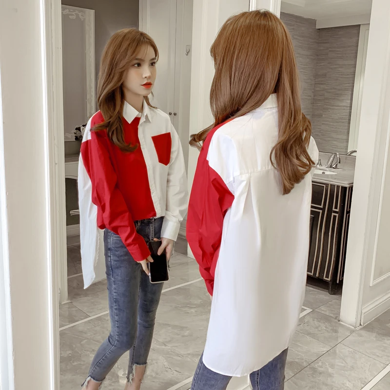 Женская рубашка с длинным рукавом Повседневная Свободная блузка составного кроя