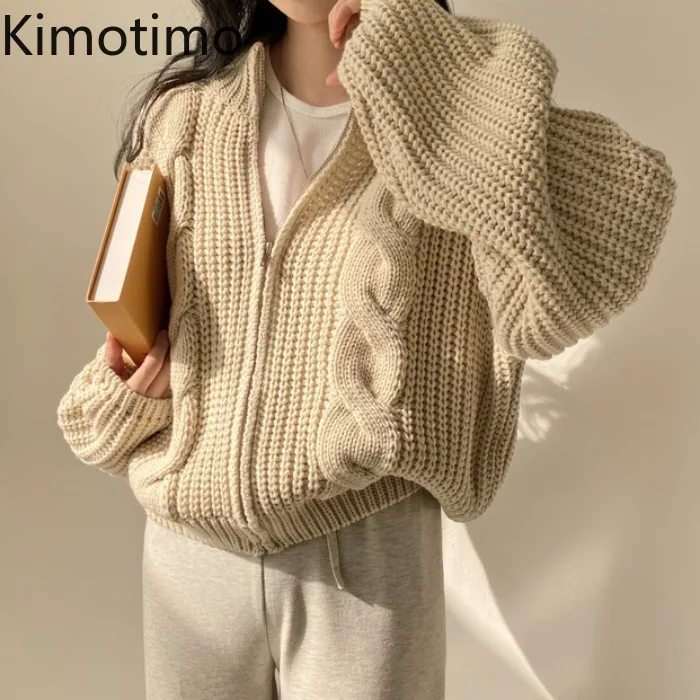 

Kimotimo Twist Zipper Sweater Coat Women Korean Chic Vintage Lazy Long Sleeve Cardigan Autumn Winter Loose Coarse Knit Cardigans
