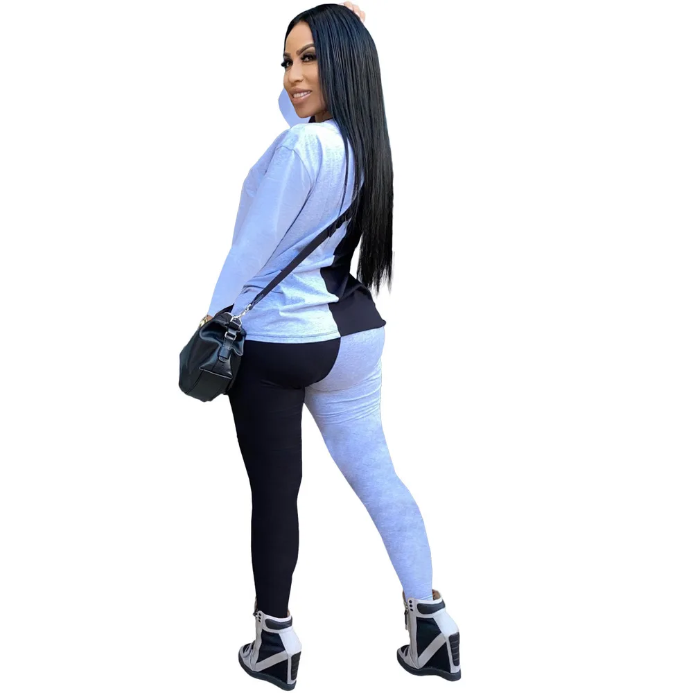

2021 Women Sets Autumn Tracksuit Color Block Spliced Long Sleeve Tops and Hole Jogger Pant Two Piece Sets Street 2 Pcs Outfits