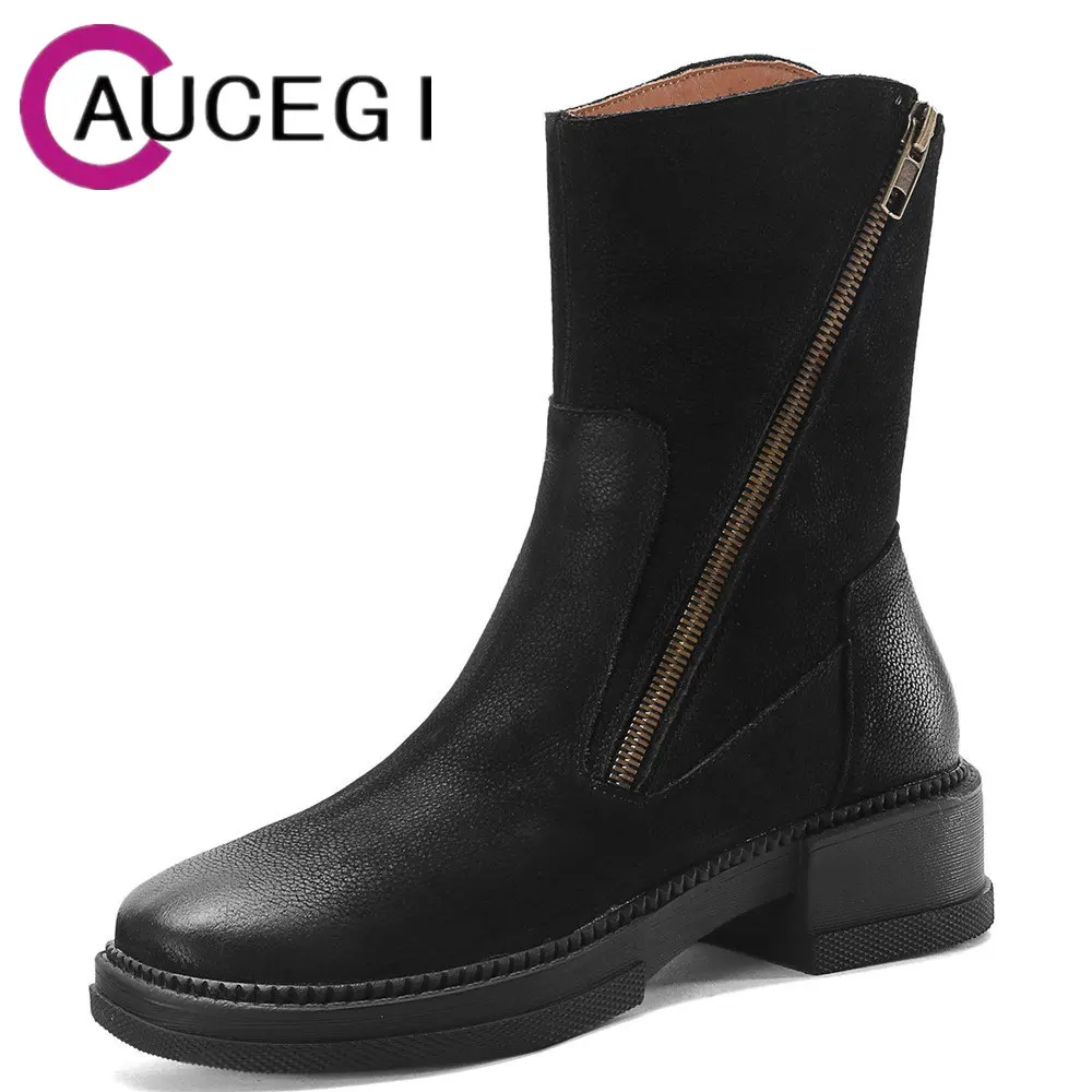 

Aucegi Hot Sale Genuine Leather Women Ladies Ankle Boots Casual Chunky Heels Round Toe Motorcycle Waterproof Zipper Wild Shoes