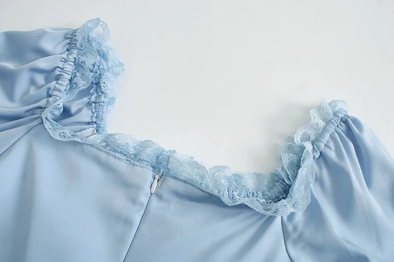 

2021 Summer Vintage Square Collar Puff Sleeve Blue Lace-Up Waist Dress Stitching Bow Women Holiday Style Chic Vintage