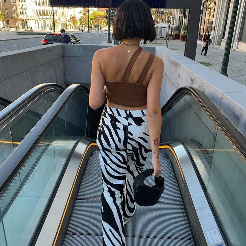 Женские прямые брюки с контрастным принтом повседневные черно-белые низкой