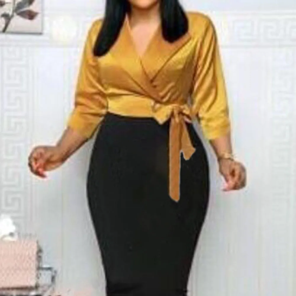 Женское летнее офисное платье элегантное желтое с v-образным вырезом туника из