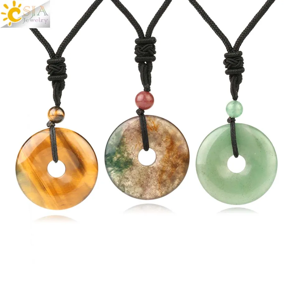 

CSJA Natural Stone Donut Necklace for Women Round Crystal Pendant Men Dragon Blood Green Aventurine Agates Handmade Collier S458