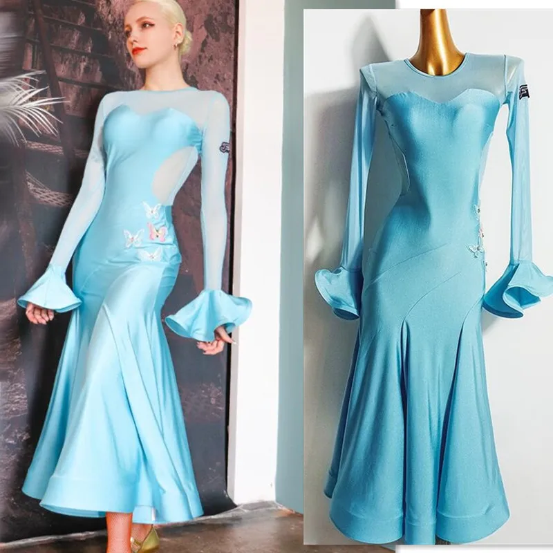 

ballroom dress women American waltz dress smooth dress standard ballroom dress light blue butterfly 673