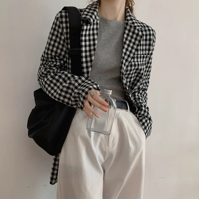 

New Suits Female Vintage Autumn Notched Collar Plaid Women Blazer Breasted Jacket Casual Pockets Womens Suits Coat Blazers Suits