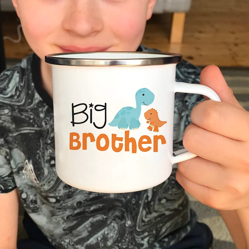 

12oz Children's Hot Chocolate Dinosaur Mug Big Brother Little Brother Kids Cup Child's Best Friends Hamburger Fries Enamel Mug