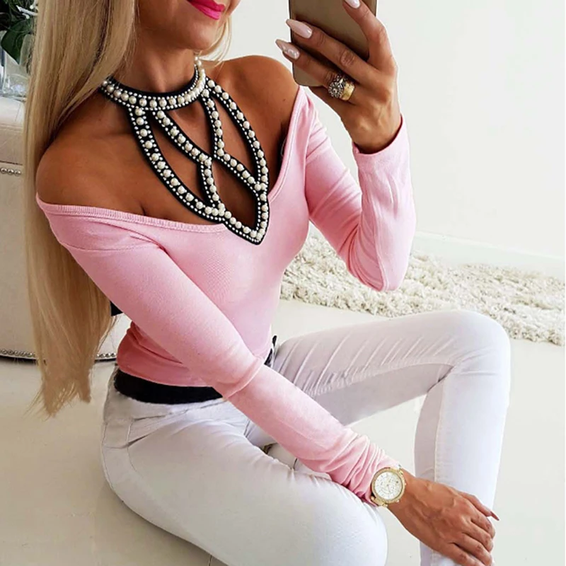 Long Sleeved Off Shoulder Solid Beading Tops And Blouse Women Hollow Out White Shirt Ladies Casual Slim Autumn Camisa | Женская одежда