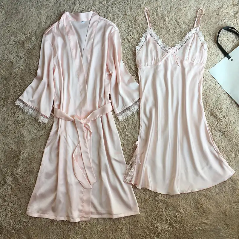 Pink Robe Set Атласный Женский комплект для сна из 4 предметов Пижамный костюм из вискозы Весенняя пижама с длинным рукавом пижамный комплект сексуальный халат банное платье повседневное ночное белье - Цвет: Pink Robe Set