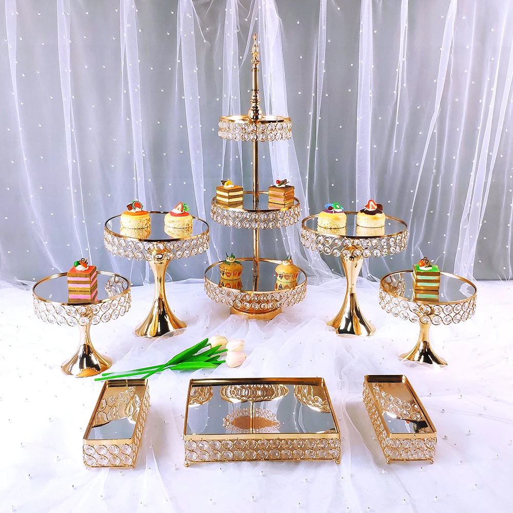 Soporte de cristal dorado y plateado de 8 piezas para pasteles, soporte de magdalenas con espejo de metal, base de postre decorada, bandeja de exhibici&oacute;n para fiesta de boda-0