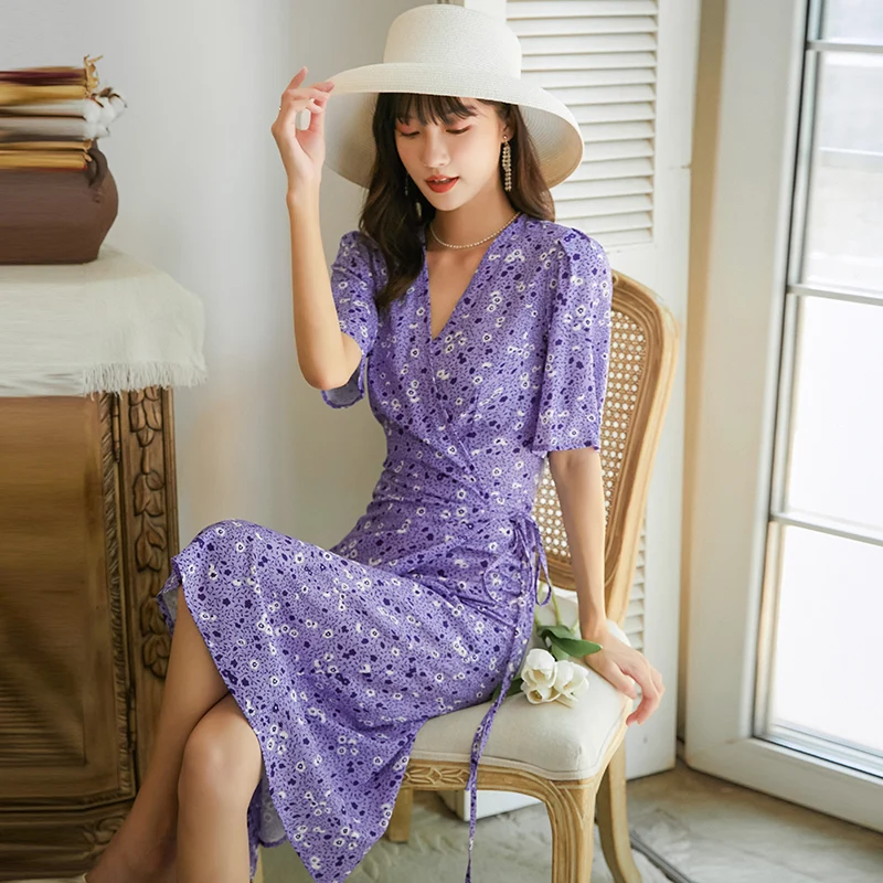

Boho Tropical Beach Vacation Dresses Women Midi Floral Chiffon Purple Dress Summer 2021 Runway Elegant Korean Tea Party Dresses