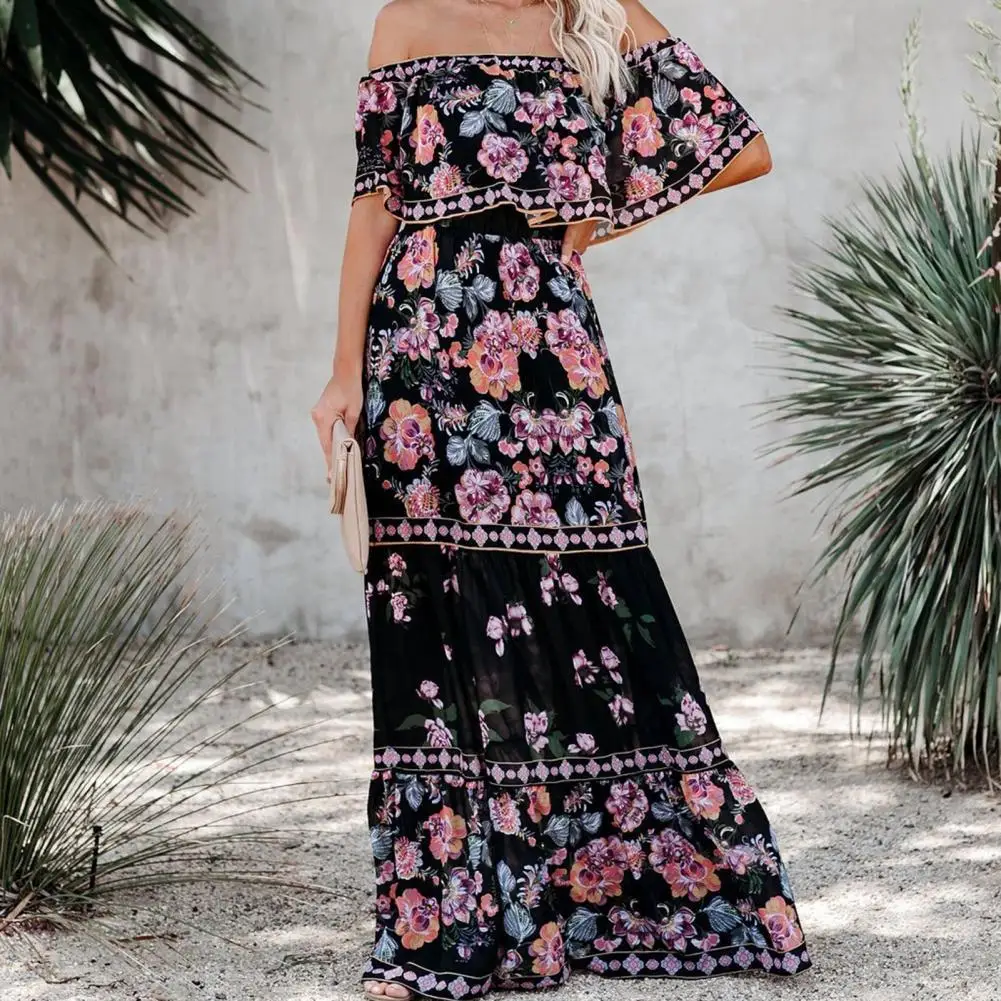 

Hot !Summer Elegant Casual Floral Print Ruffle High Waist Female Ladies Horizontal Shoulder Dress fFor Women 2022 or Party