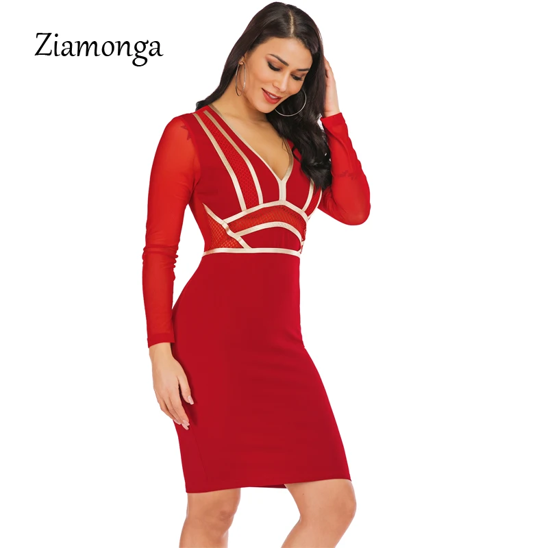 Ziamonga для женщин Весна с длинным рукавом Бандажное платье Vestidos элегантный Мини Золотой Полосатый знаменитости Клубн