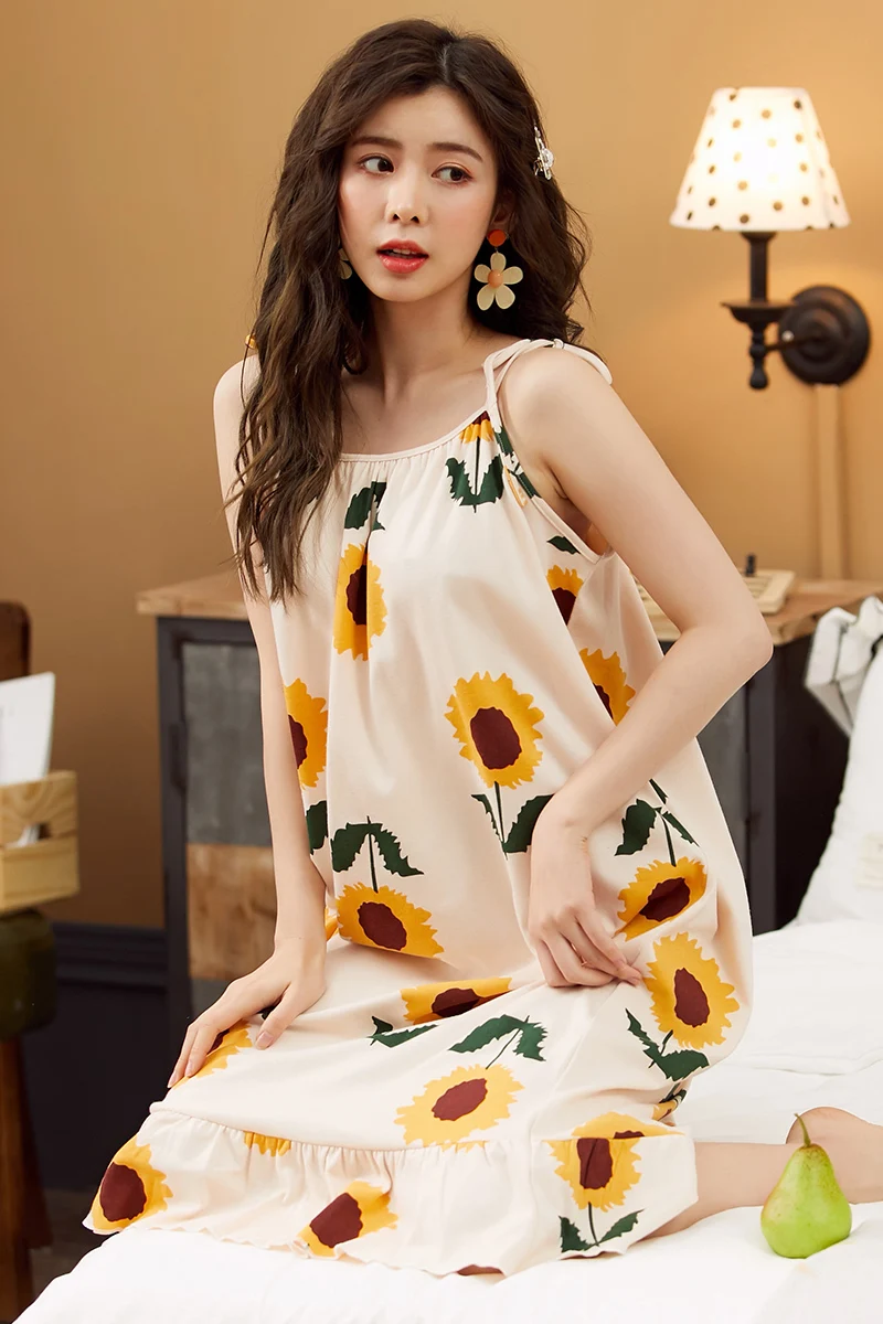 Женское хлопковое Ночное платье без рукавов BZEL ночная рубашка с цветочным