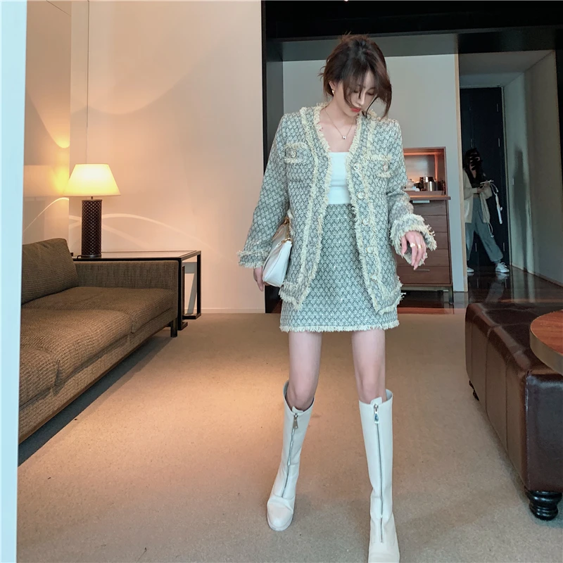 

Little Fragrant Multi-pocket Jacket + Two-piece Korean Style Skirt