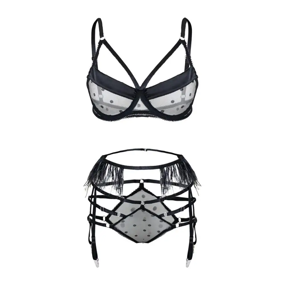 

Women Underwear Set Sexy Bra Set Exquisite Lace Lingerie Bra+Garter+Briefs Set Babydoll Cut-Out #2N12