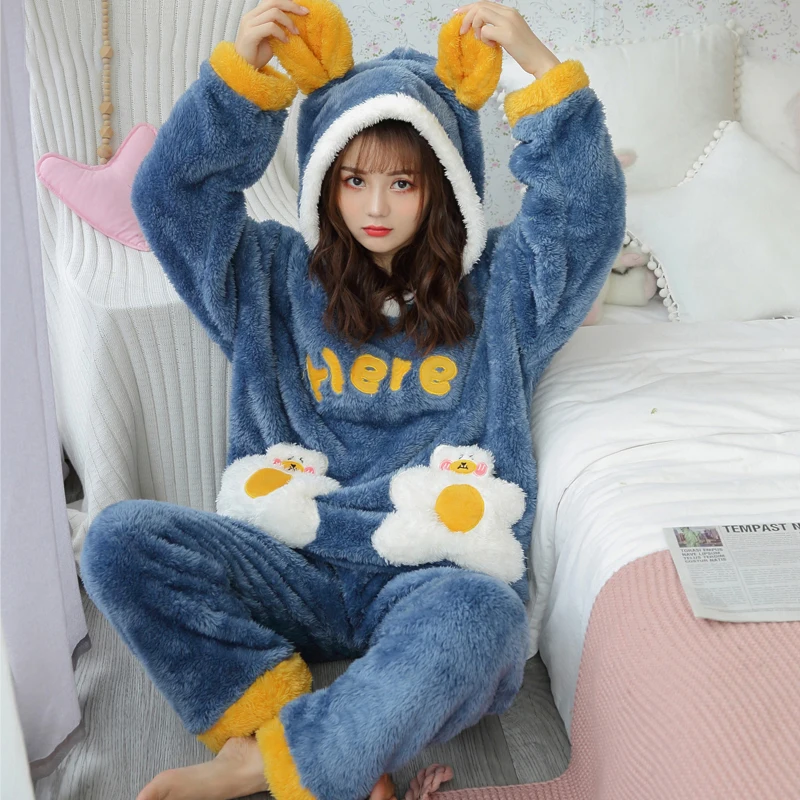 

Winter Warm Women Pajama Sets Ladies Long Sleeve Shirt+Pants Hooded Cartoon Print Thick Pijama Homewear Suit