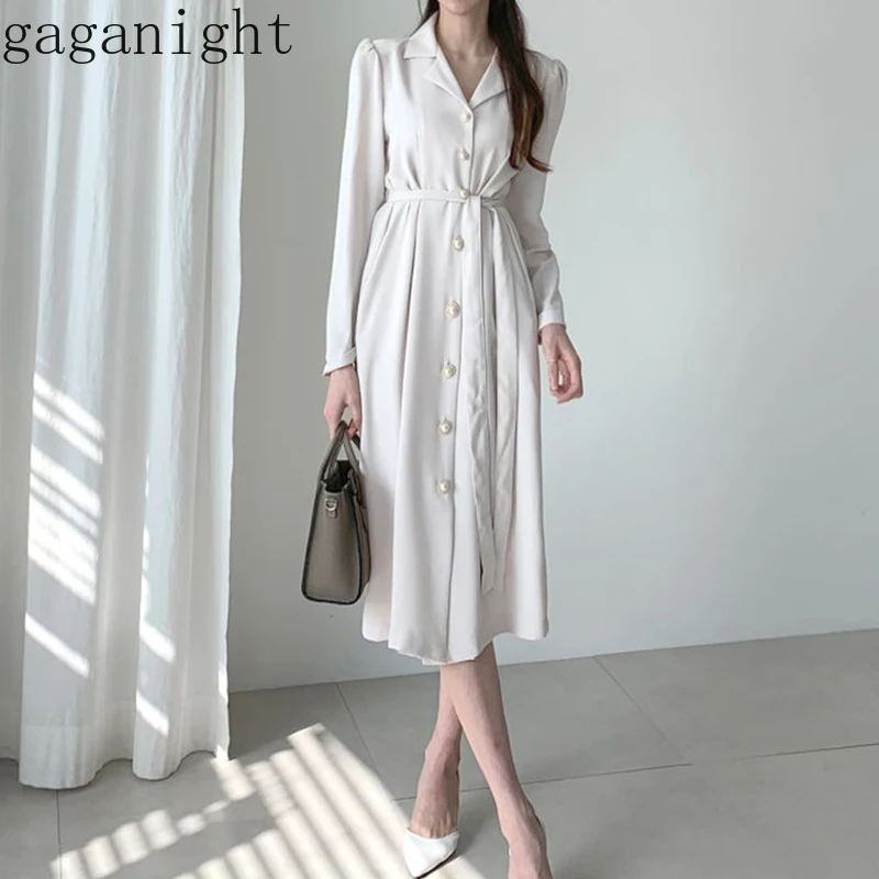 Gaganight Elegant Women Maxi Shirt Dress Long Sleeve Single Breasted Fashion Dresses Office Lady Korean Chic Vestidos Plus Size | Женская